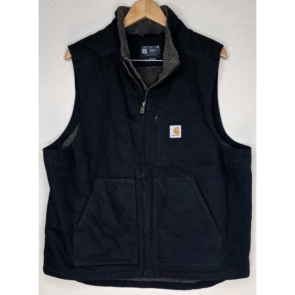 Carhartt Men L Loose Fit Duck Sherpa Lined Mock Neck Vest Black Chore Ranch Farm